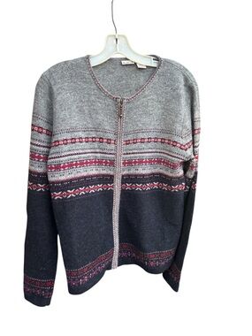 Northcrest Gray and Black Fair Isle Zip Cardigan Sweater with Red Accents